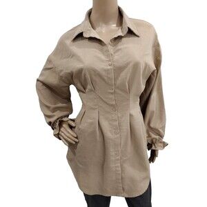 Patrizia Luca Women's Small Beige Button Up Long Sleeve Collared Tunic Blouse